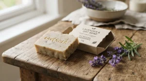 Eco-friendly packaging next to a firming bar soap for sagging mature skin on a wooden table