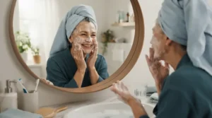 Applying firming bar soap for sagging mature skin during a relaxing evening self-care session