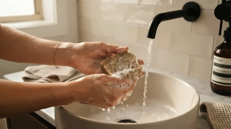 A woman using a firming bar soap for sagging mature skin during her morning shower routine