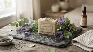 A luxury spa display featuring firming bar soap for sagging mature skin with botanical ingredients