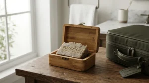 Traveling with a firming bar soap for sagging mature skin in a compact travel container