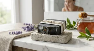 All-natural bar soap formulated for oily T-zone and dry cheeks on bathroom counter