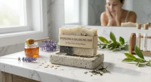 Close-up of nourishing bar soap for oily T-zone and dry cheeks with botanical extracts