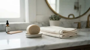 Inexpensive everyday bar soap on a marble countertop next to a fluffy hand towel