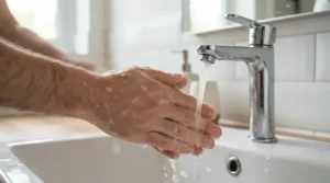 A person washing their hands with a long-lasting bar soap for normal skin at a basin.