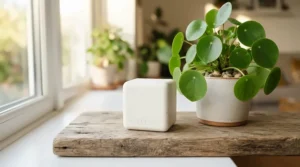 A long-lasting bar soap for normal skin displayed on a minimalist wooden tray near a houseplant.