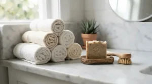 A neatly organized bathroom counter featuring a long-lasting bar soap for normal skin and fresh towels.