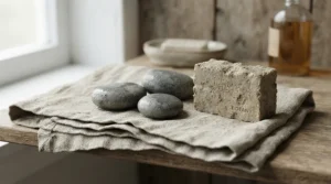 A tranquil spa setup highlighting a long-lasting bar soap for normal skin beside smooth stones.