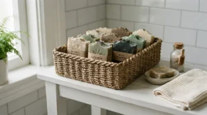 Low-cost everyday bar soap stored neatly inside a woven wicker bathroom basket