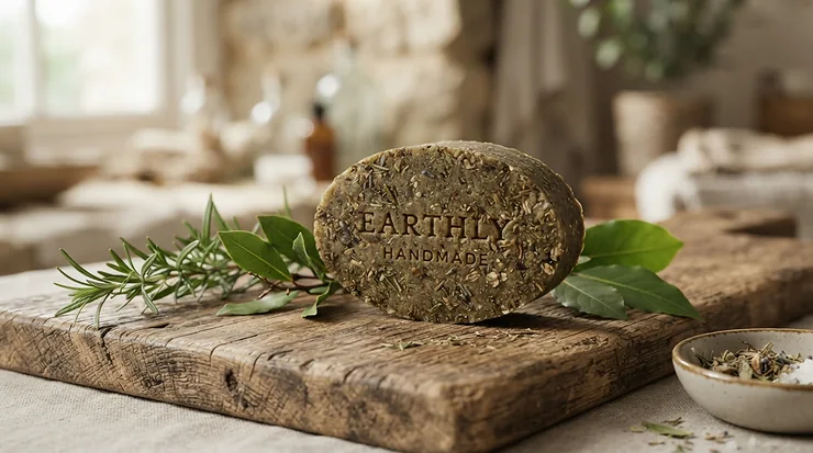 A natural acne bar soap infused with botanical ingredients on wooden accents.