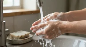 Soft lather forming from an organic eczema relief bar soap during a daily handwashing routine.