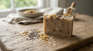 Oatmeal bar soap for combination skin resting on a rustic wooden board with dried grains