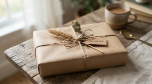 Handmade oatmeal bar soap for combination skin wrapped in brown craft paper with twine
