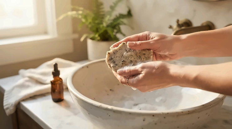 Morning skincare routine using oatmeal bar soap for combination skin near a bright window