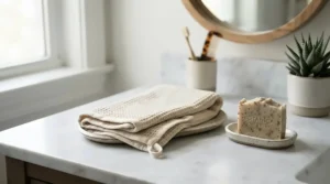 Bathroom sinkside arrangement featuring oatmeal bar soap for combination skin and a hand towel
