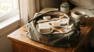 Oatmeal bar soap for combination skin packed inside a canvas travel pouch on a wooden shelf