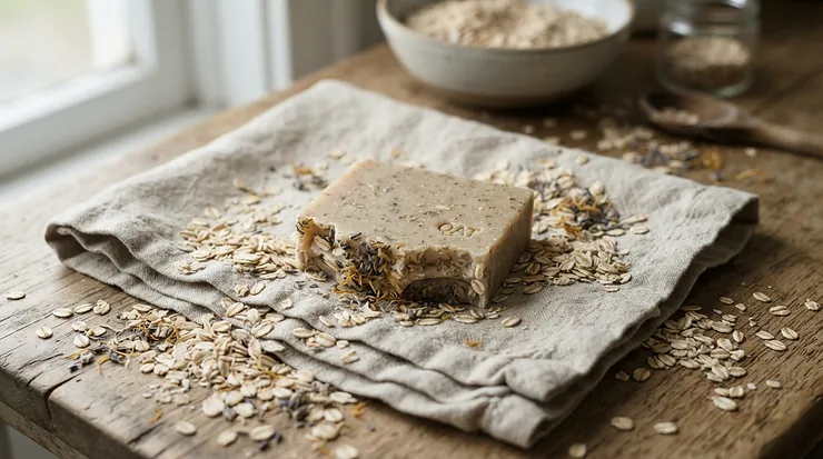 Natural oatmeal eczema relief bar soap placed next to raw oats on a kitchen towel.