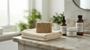 An over-the-counter acne bar soap featured alongside a minimalist skincare routine.