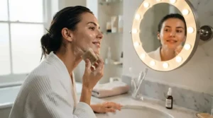 Targeted blemish treatment using salicylic acid bar soap for acne on clean bathroom counter