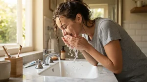 Daily facial cleansing routine with salicylic acid bar soap for acne in a bright apartment