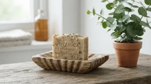 An exfoliating salicylic acid bar soap for acne resting on a natural wooden soap dish