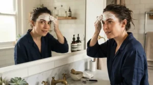 Applying salicylic acid bar soap for acne to the forehead for deep pore-clearing exfoliation