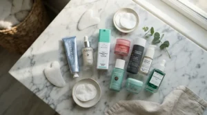 A multi-step skincare routine featuring salicylic acid bar soap for acne on a marble vanity
