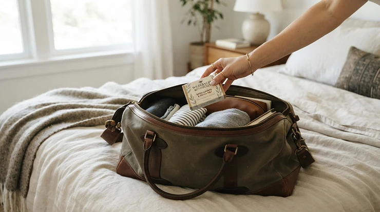 Packing salicylic acid bar soap for acne into a travel toiletry bag for a weekend trip