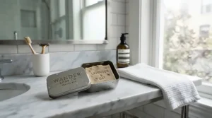 Compact travel tin containing a gentle eczema relief bar soap for sensitive skin on the go.