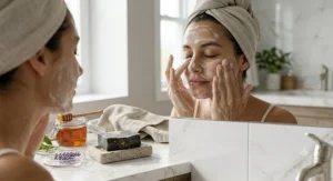 Person applying lather from bar soap for oily T-zone and dry cheeks