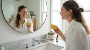 A person reading sulfur soap bar reviews for acne while holding a yellow cleansing bar near a bathroom sink