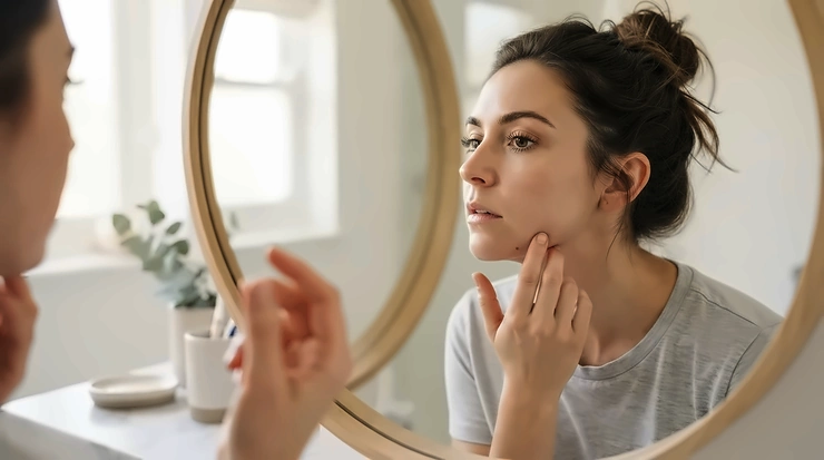 An adult checking sulfur soap bar reviews for acne before treating stubborn cystic breakouts on the jawline