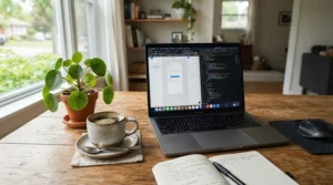 Comparing user experiences in sulfur soap bar reviews for acne on a laptop computer at a wooden desk