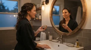 Unwinding at night with tea tree oil soap for acne-prone skin in a warm-lit mirror reflection.