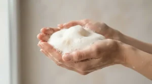 Rich bubbly lather created by tea tree oil soap for acne-prone skin on human hands.