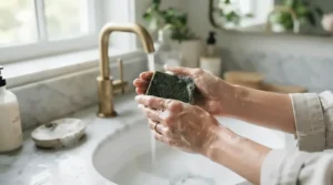 A person washing their face at a bright bathroom sink with tea tree oil soap for acne-prone skin.