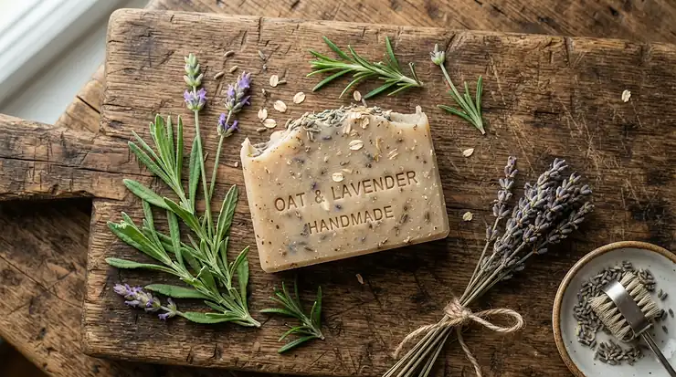 Natural tea tree oil soap for acne-prone skin displayed next to fresh botanical leaves on wood.