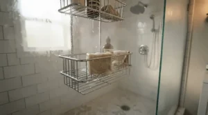 Using tea tree oil soap for acne-prone skin during a daily shower in a modern tiled bathroom.