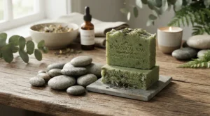 A tranquil spa setting featuring tea tree oil soap for acne-prone skin and smooth river stones.
