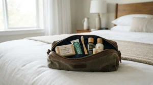 Packed toiletries bag containing tea tree oil soap for acne-prone skin for a weekend trip.