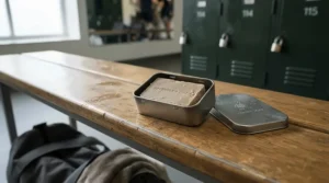 A compact travel case holding an acne bar soap for gym and on-the-go use.