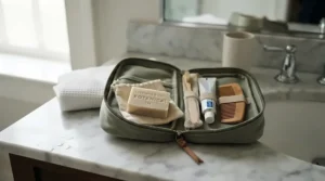 A travel-friendly anti-aging bar soap packed inside a small portable container