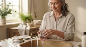 Mature woman smiling while using vitamin C bar soap for mature skin brightening on her hands.