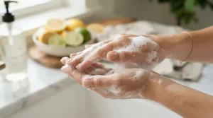 Rich lather from vitamin C bar soap for mature skin brightening held in hands to combat dullness.