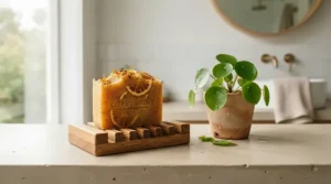 A yellow citrus infused vitamin C bar soap for mature skin brightening resting on a bamboo tray.