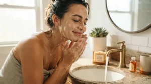 A woman washing her face with a vitamin C bar soap for mature skin brightening by a sunny bathroom window.