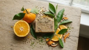 Natural vitamin C bar soap for mature skin brightening displayed with fresh citrus slices.