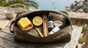 Travel bag containing vitamin C bar soap for mature skin brightening and organic skincare items.
