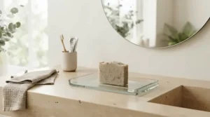 A simple bathroom setup featuring a budget-friendly hydrating bar soap on a glass tray.