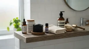 Coal tar soap for psoriasis neatly stored with other organic skincare products on a glass shelf.